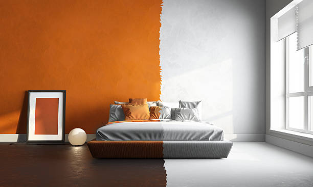 3d interor render of orange-white bedroom